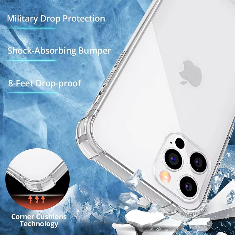 Thick Shockproof Silicone Clear Phone Case for Iphone 11 12 13 14 15 16 17 Pro Max Mini X XS XR 7 8 plus Transparent Soft Cover